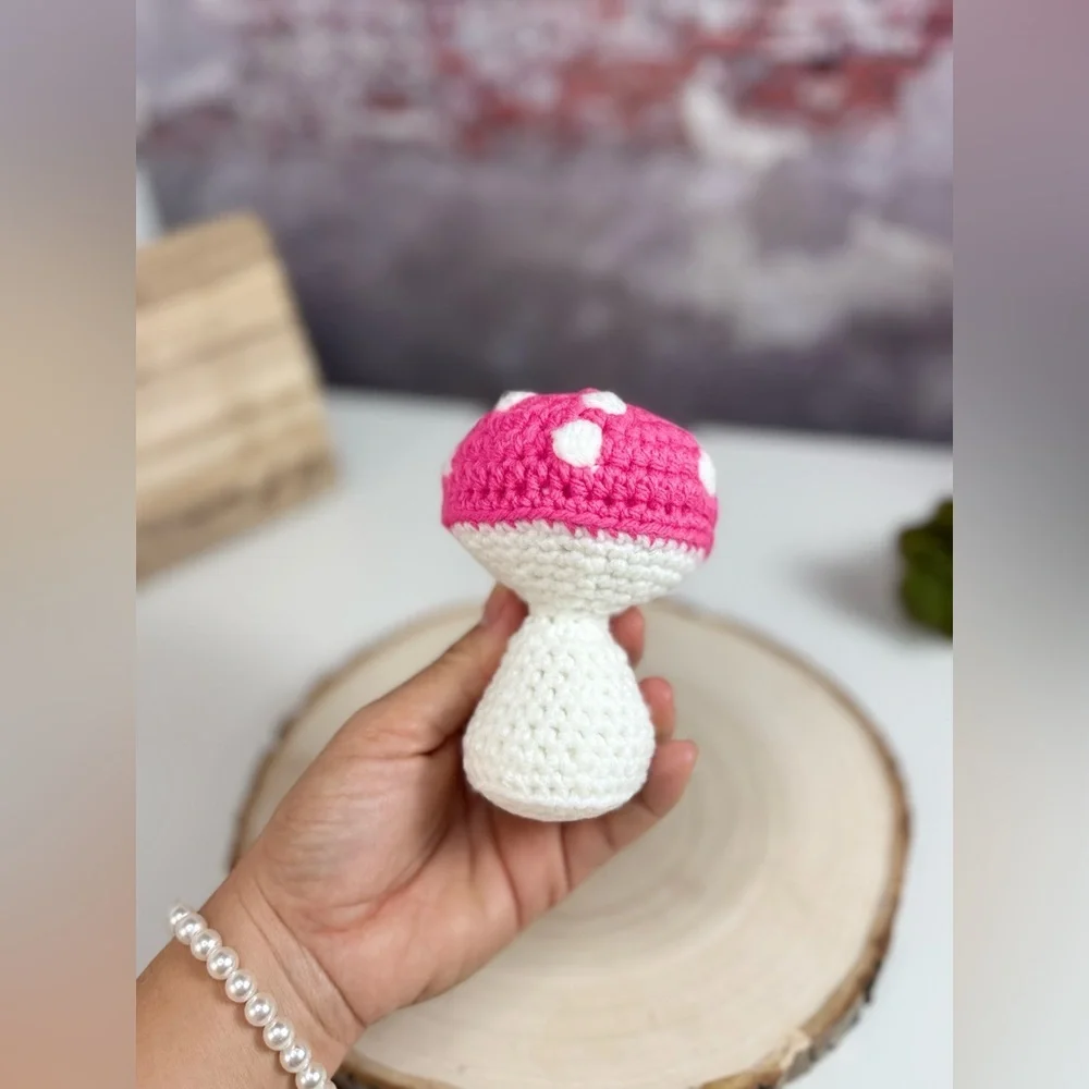 Handcrafted Mushroom Pink and White Crochet Keychain